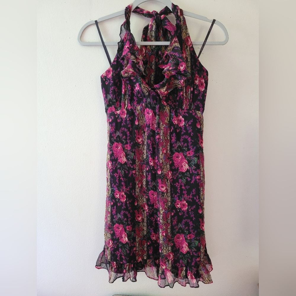 Betsey Johnson Silk Halter Mini Dress XS Floral Ruffle Y2K Romantic Coquette